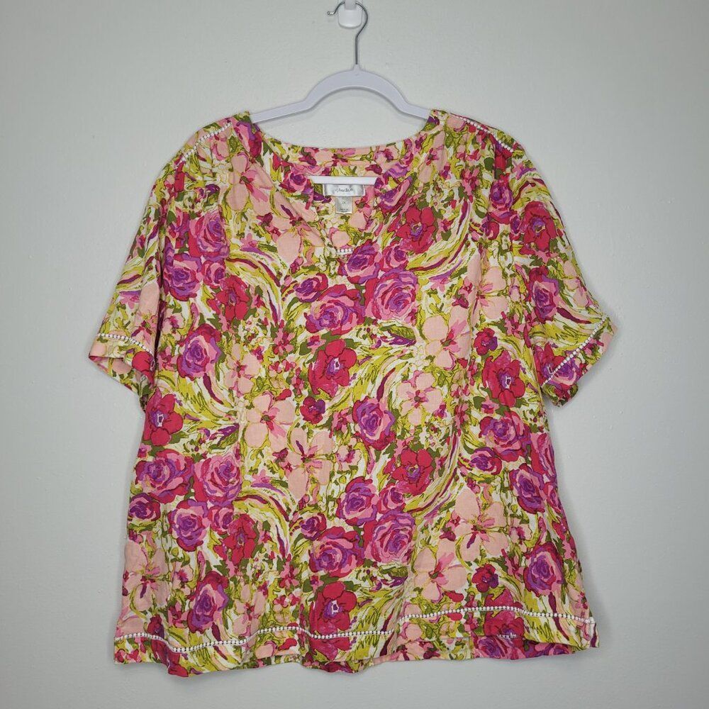 CJ Banks linen blend bright floral plus size short sleeve top summer size 2x